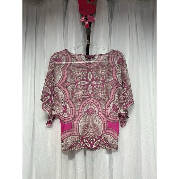 Y2K Sheer Pink Paisley Mesh Rhinestone Top Batwing Embellished Blouse Small INC - Picture 5 of 7